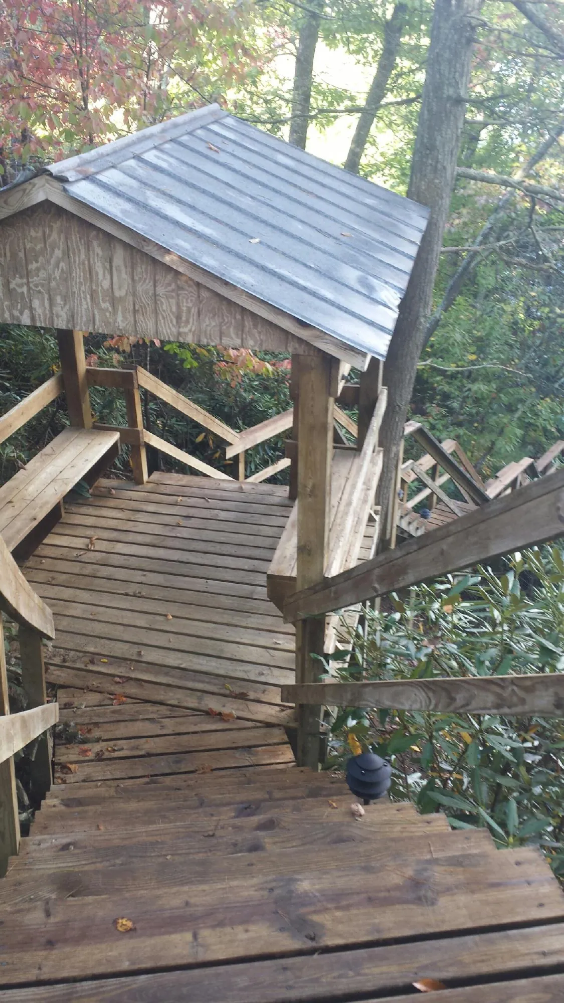 Metal roofed shelter over wooden steps on a wooded walkway — Skylight Repair & Installation work by our crew in Owosso